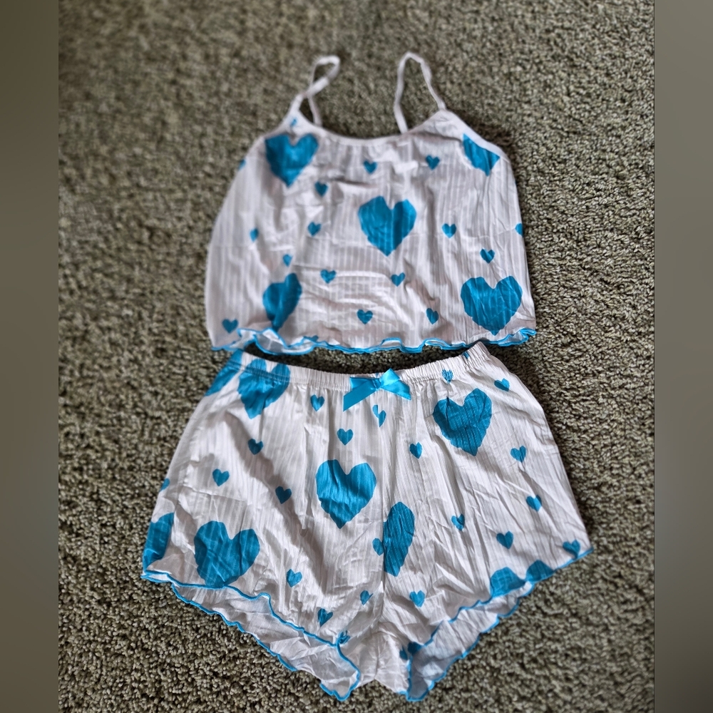 White & Blue Heart Large Two-Piece Pajama Set (Never Been Worn)